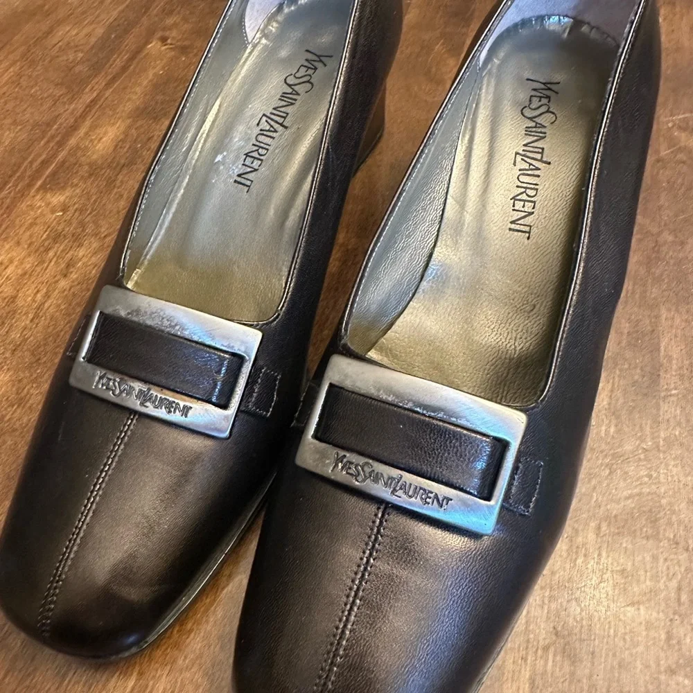 Vtg Yves Saint Laurent Brown‎ Shine Pumps Buckle Leather Size 10 *READ* - Picture 5 of 12